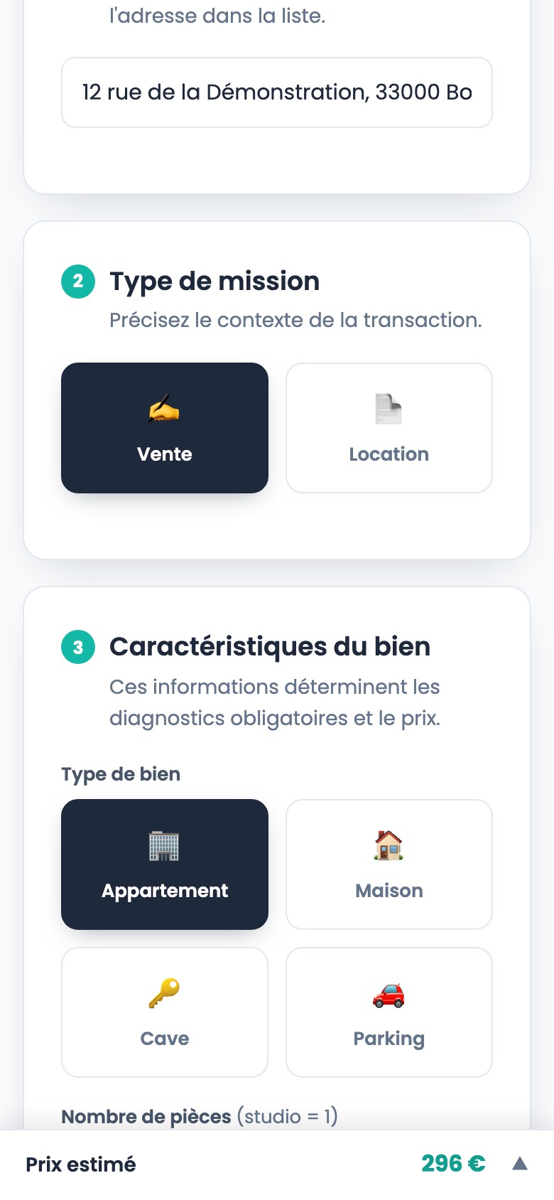Formulaire de devis en ligne côté client, avec récapitulatif de prix