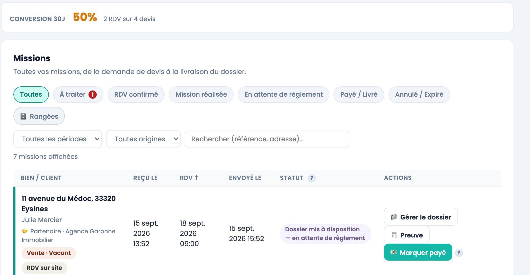 Tableau de bord du diagnostiqueur : indicateur de conversion et missions