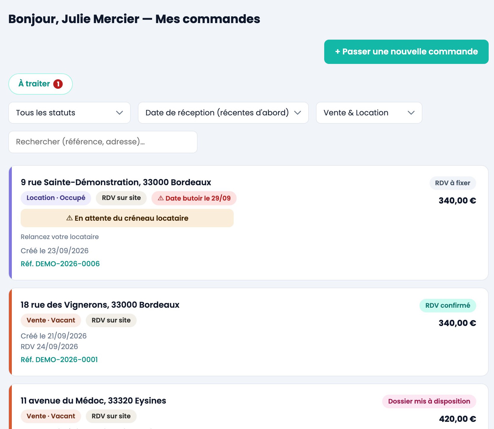 Portail de l'agence partenaire : commandes de Julie Mercier